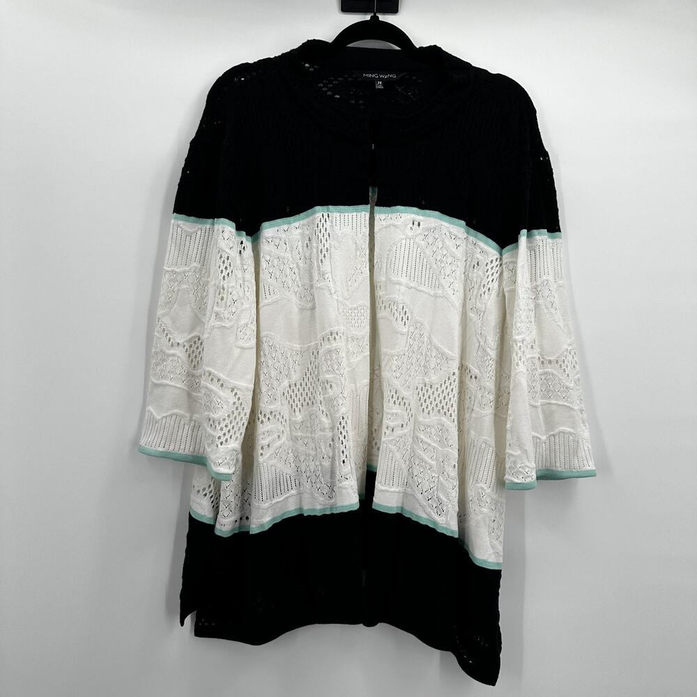 Ming Wang Cardigan Womens 2X Black White Open‎ Knit Sheer Layered Sweater Church